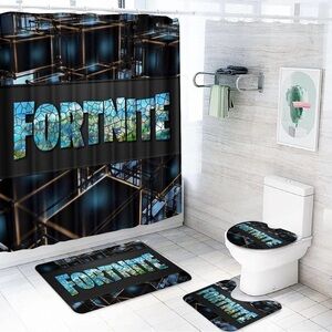 4 Pcs Fortnite Shower Curtain Set with Non-Slip Rug, Toilet Lid Cover, Bath Mat